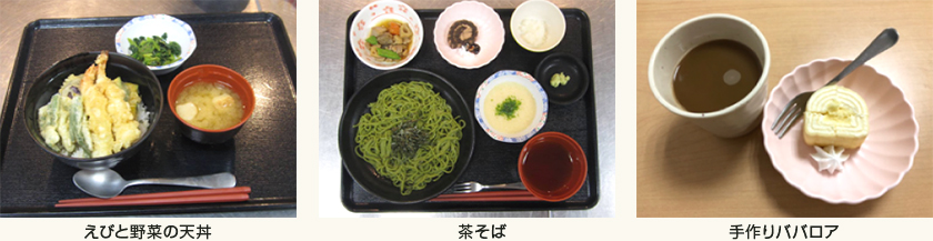 えびと野菜の天丼／茶そば／手作りババロア